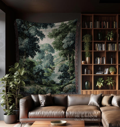 Verdant Forest Stream Landscape Woven Tapestry Wall Art | Romantic Woodland Waterway Scenic Verdure Nature Textile Traditional Home Decor