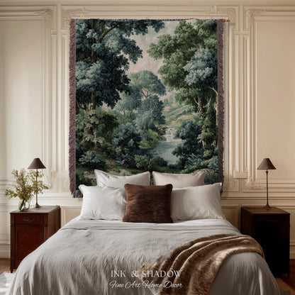 Verdant Forest Stream Landscape Woven Tapestry Wall Art | Romantic Woodland Waterway Scenic Verdure Nature Textile Traditional Home Decor