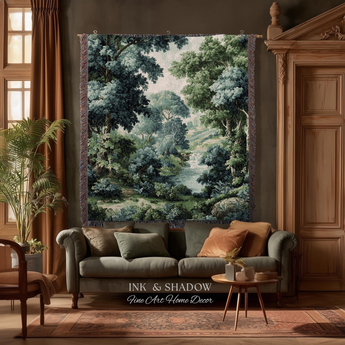 Verdant Forest Stream Landscape Woven Tapestry Wall Art | Romantic Woodland Waterway Scenic Verdure Nature Textile Traditional Home Decor
