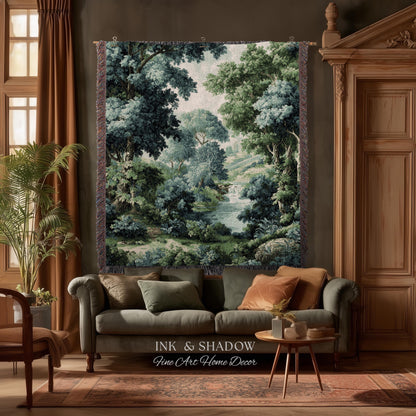Verdant Forest Stream Landscape Woven Tapestry Wall Art | Romantic Woodland Waterway Scenic Verdure Nature Textile Traditional Home Decor