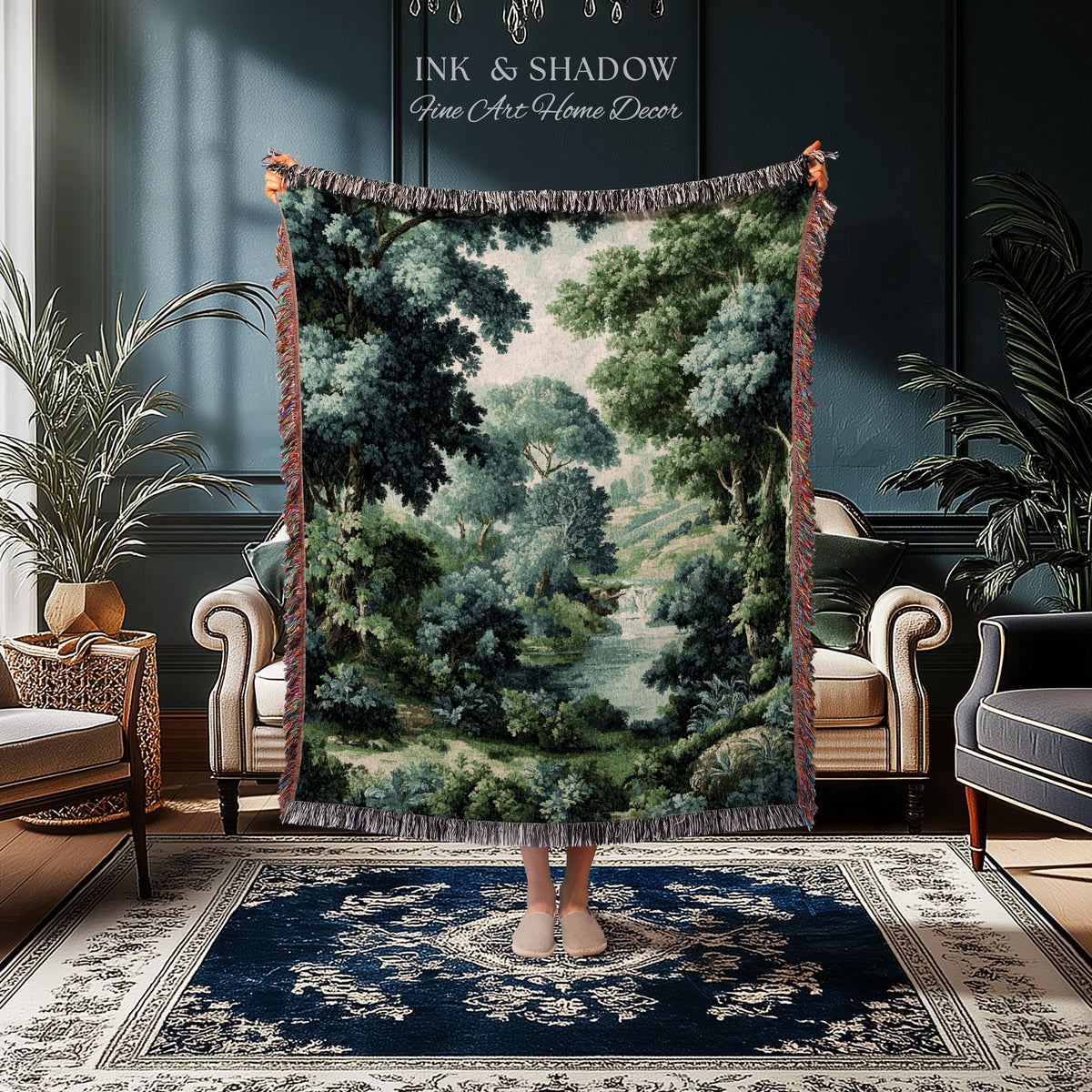 Verdant Forest Stream Landscape Woven Tapestry Wall Art | Romantic Woodland Waterway Scenic Verdure Nature Textile Traditional Home Decor
