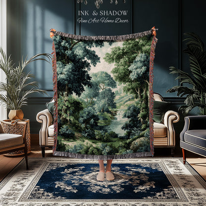 Verdant Forest Stream Landscape Woven Tapestry Wall Art | Romantic Woodland Waterway Scenic Verdure Nature Textile Traditional Home Decor