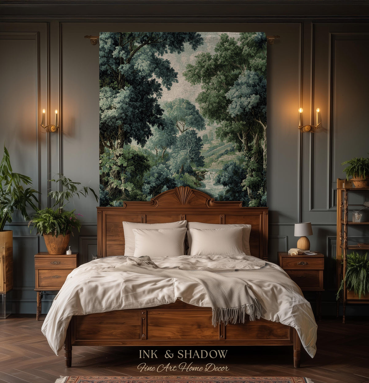 Verdant Forest Stream Landscape Woven Tapestry Wall Art | Romantic Woodland Waterway Scenic Verdure Nature Textile Traditional Home Decor