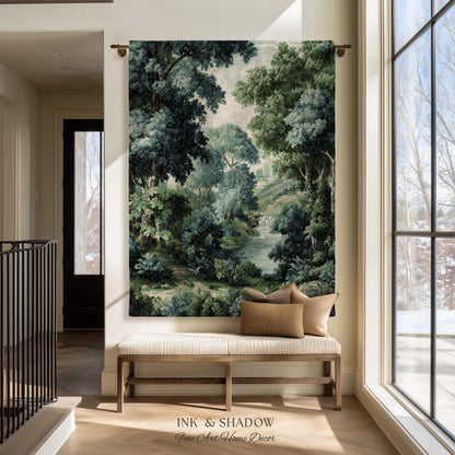 Verdant Forest Stream Landscape Woven Tapestry Wall Art | Romantic Woodland Waterway Scenic Verdure Nature Textile Traditional Home Decor