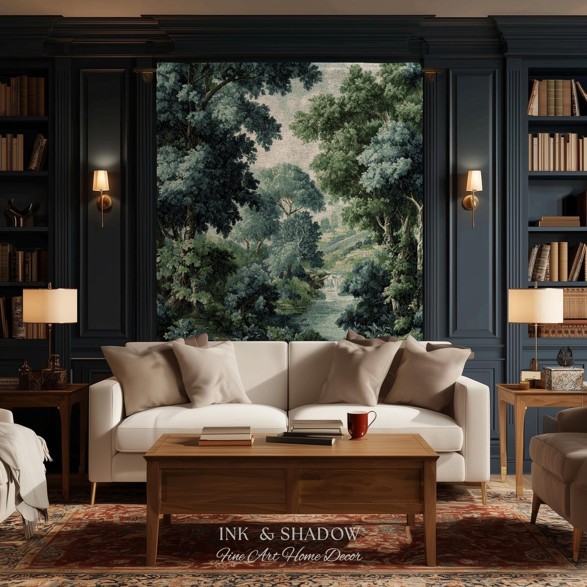 Verdant Forest Stream Landscape Woven Tapestry Wall Art | Romantic Woodland Waterway Scenic Verdure Nature Textile Traditional Home Decor