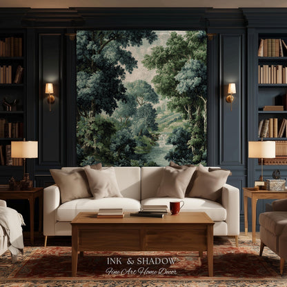 Verdant Forest Stream Landscape Woven Tapestry Wall Art | Romantic Woodland Waterway Scenic Verdure Nature Textile Traditional Home Decor