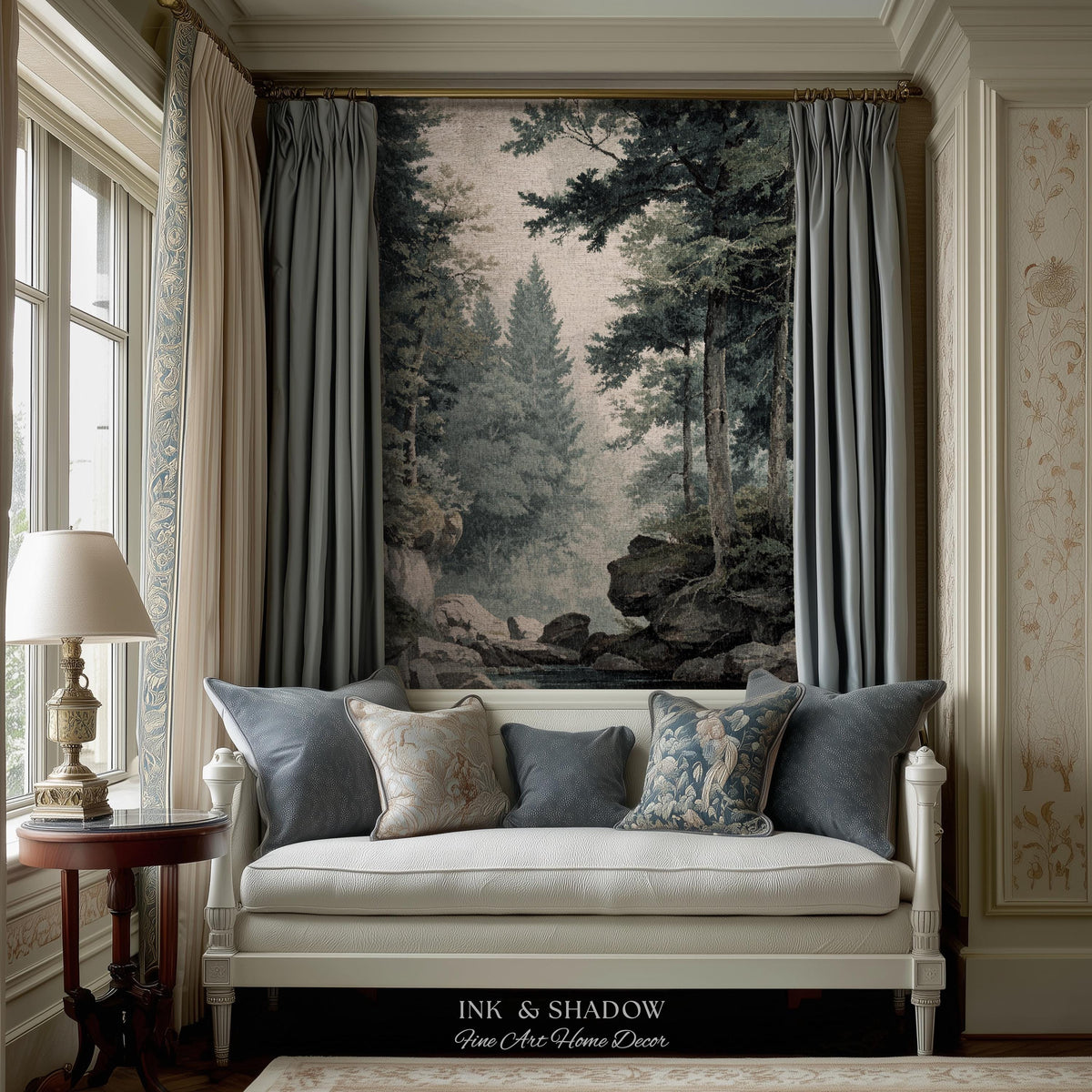 Misty Pine Forest Pool Landscape Woven Tapestry Wall Hanging | Rocky Woodland River Scene Traditional Nature Textile Old World Heritage Art
