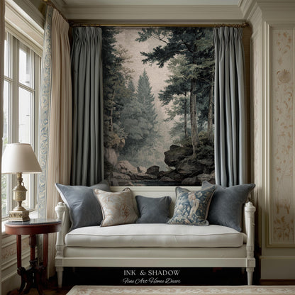 Misty Pine Forest Pool Landscape Woven Tapestry Wall Hanging | Rocky Woodland River Scene Traditional Nature Textile Old World Heritage Art