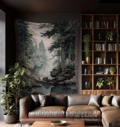 Misty Pine Forest Pool Landscape Woven Tapestry Wall Hanging | Rocky Woodland River Scene Traditional Nature Textile Old World Heritage Art