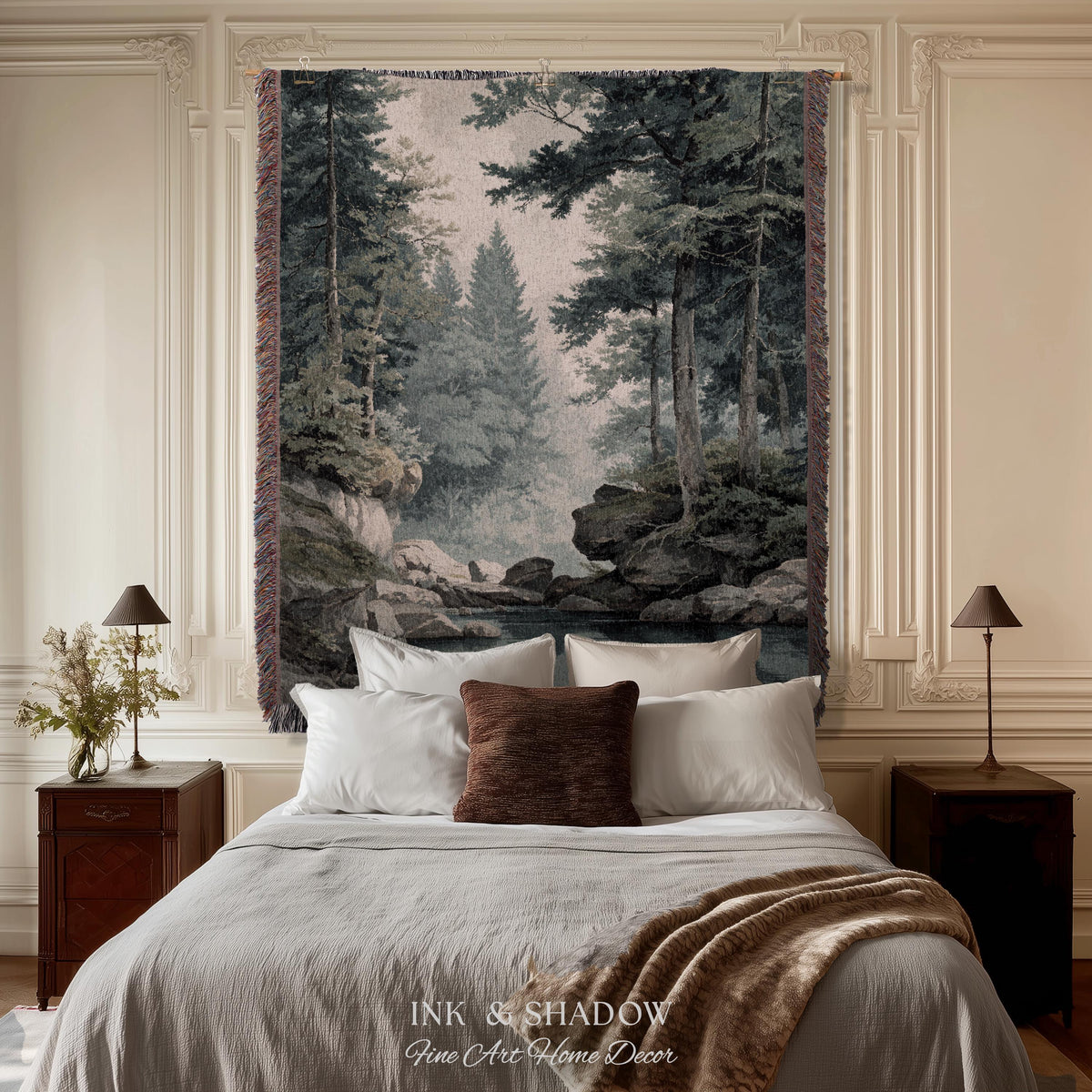 Misty Pine Forest Pool Landscape Woven Tapestry Wall Hanging | Rocky Woodland River Scene Traditional Nature Textile Old World Heritage Art