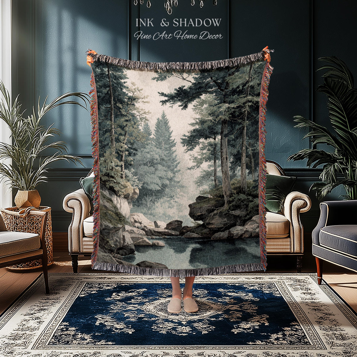 Misty Pine Forest Pool Landscape Woven Tapestry Wall Hanging | Rocky Woodland River Scene Traditional Nature Textile Old World Heritage Art