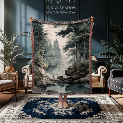 Misty Pine Forest Pool Landscape Woven Tapestry Wall Hanging | Rocky Woodland River Scene Traditional Nature Textile Old World Heritage Art