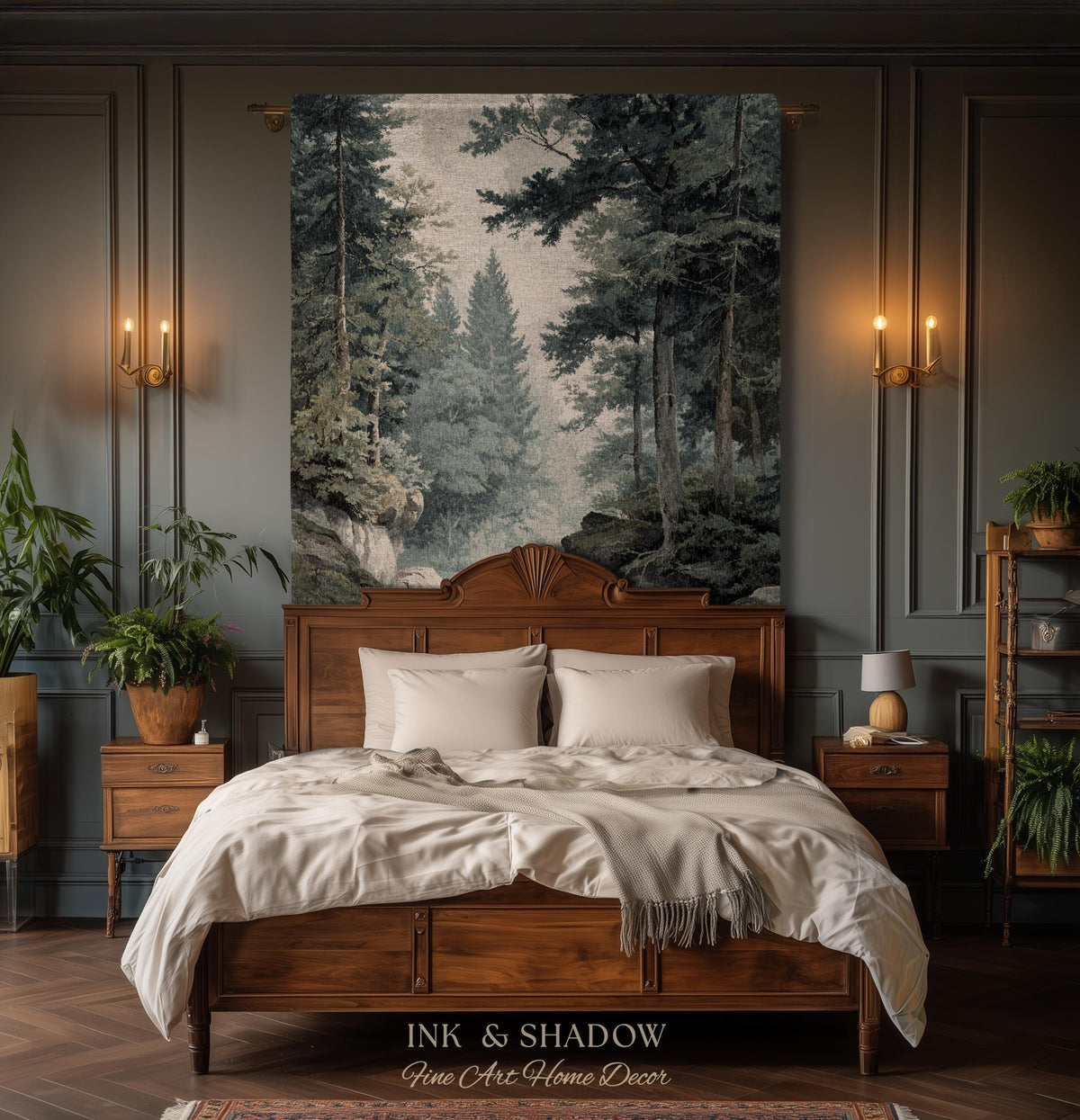 Misty Pine Forest Pool Landscape Woven Tapestry Wall Hanging | Rocky Woodland River Scene Traditional Nature Textile Old World Heritage Art