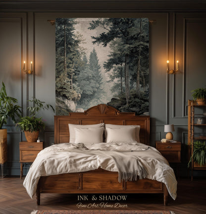 Misty Pine Forest Pool Landscape Woven Tapestry Wall Hanging | Rocky Woodland River Scene Traditional Nature Textile Old World Heritage Art