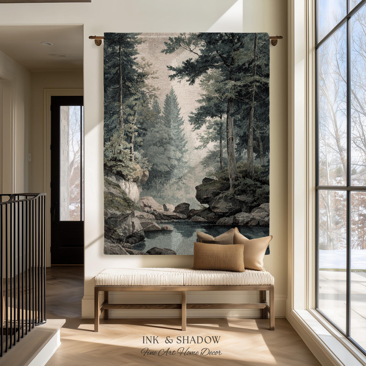 Misty Pine Forest Pool Landscape Woven Tapestry Wall Hanging | Rocky Woodland River Scene Traditional Nature Textile Old World Heritage Art