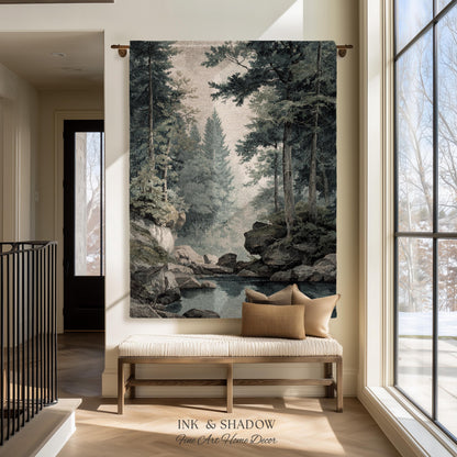 Misty Pine Forest Pool Landscape Woven Tapestry Wall Hanging | Rocky Woodland River Scene Traditional Nature Textile Old World Heritage Art