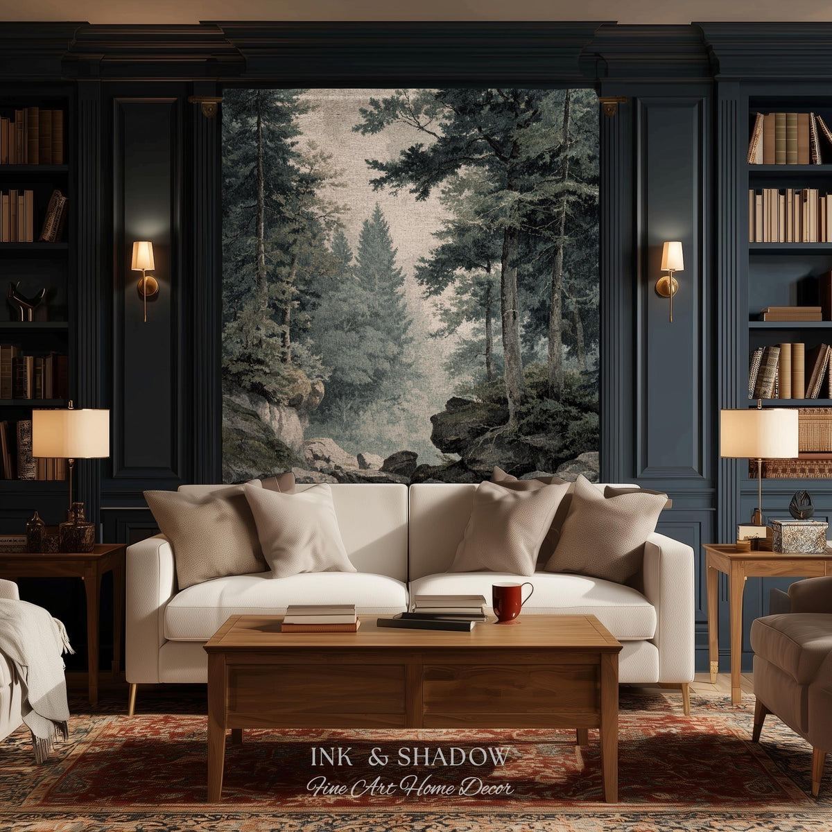 Misty Pine Forest Pool Landscape Woven Tapestry Wall Hanging | Rocky Woodland River Scene Traditional Nature Textile Old World Heritage Art