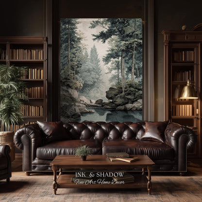 Misty Pine Forest Pool Landscape Woven Tapestry Wall Hanging | Rocky Woodland River Scene Traditional Nature Textile Old World Heritage Art