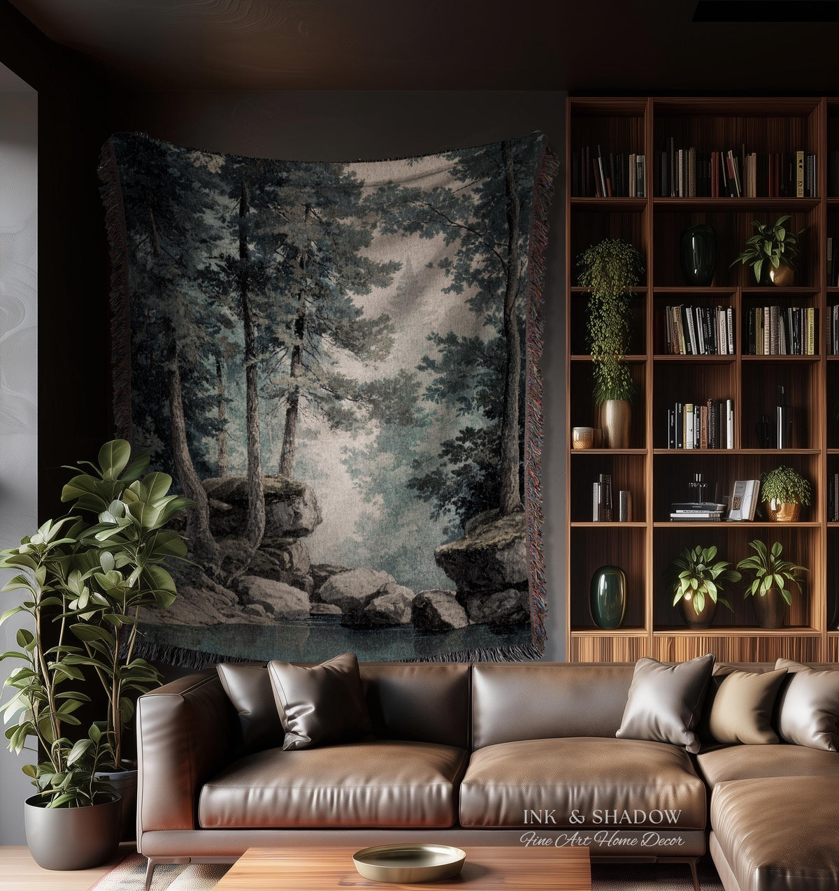 Serene Misty Evergreen Woodland Waterscape Tapestry Wall Hanging | Foggy Forest Pool Rocky River Scene Rustic Elegance Timeless Woven Art