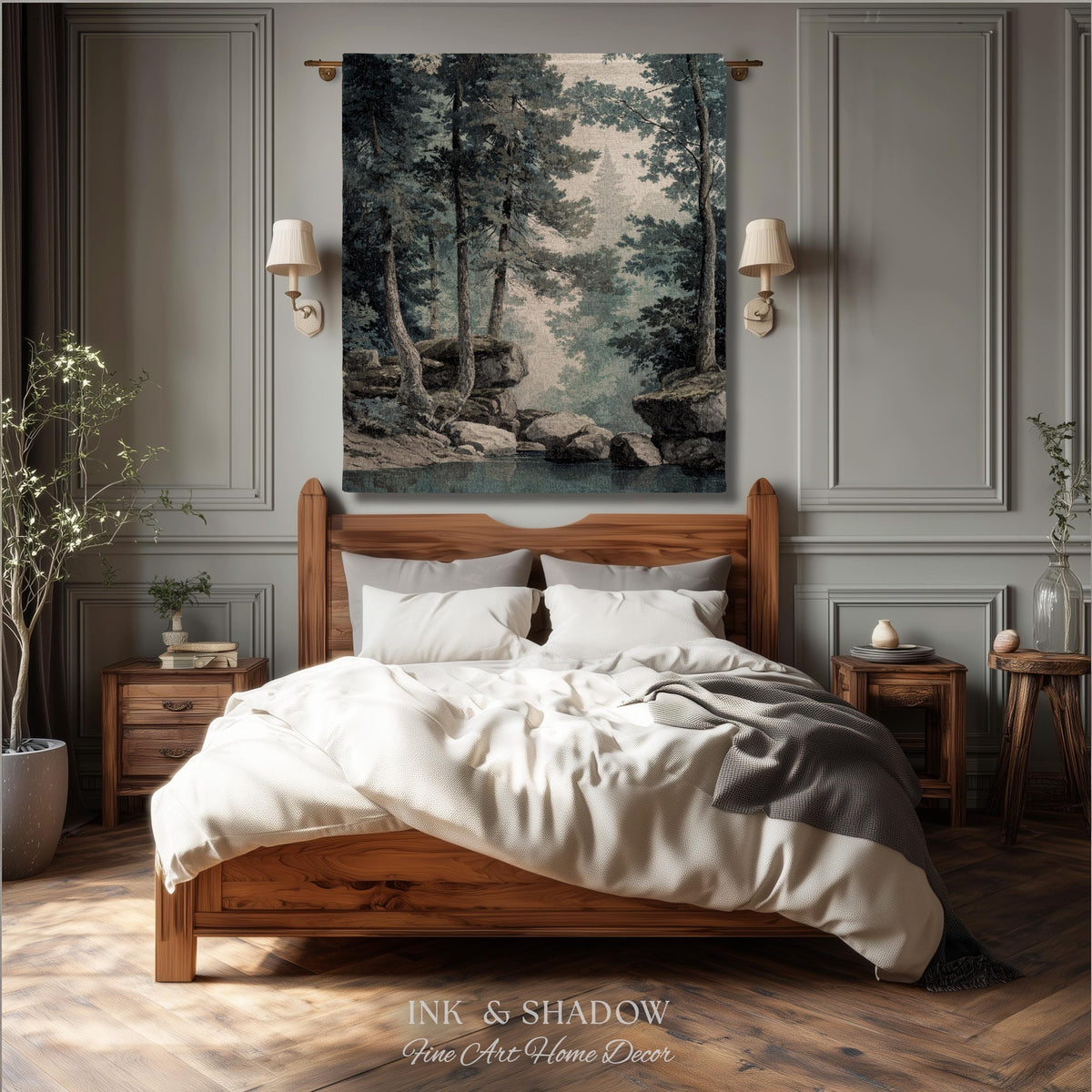 Serene Misty Evergreen Woodland Waterscape Tapestry Wall Hanging | Foggy Forest Pool Rocky River Scene Rustic Elegance Timeless Woven Art