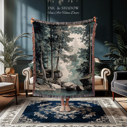 Serene Misty Evergreen Woodland Waterscape Tapestry Wall Hanging | Foggy Forest Pool Rocky River Scene Rustic Elegance Timeless Woven Art