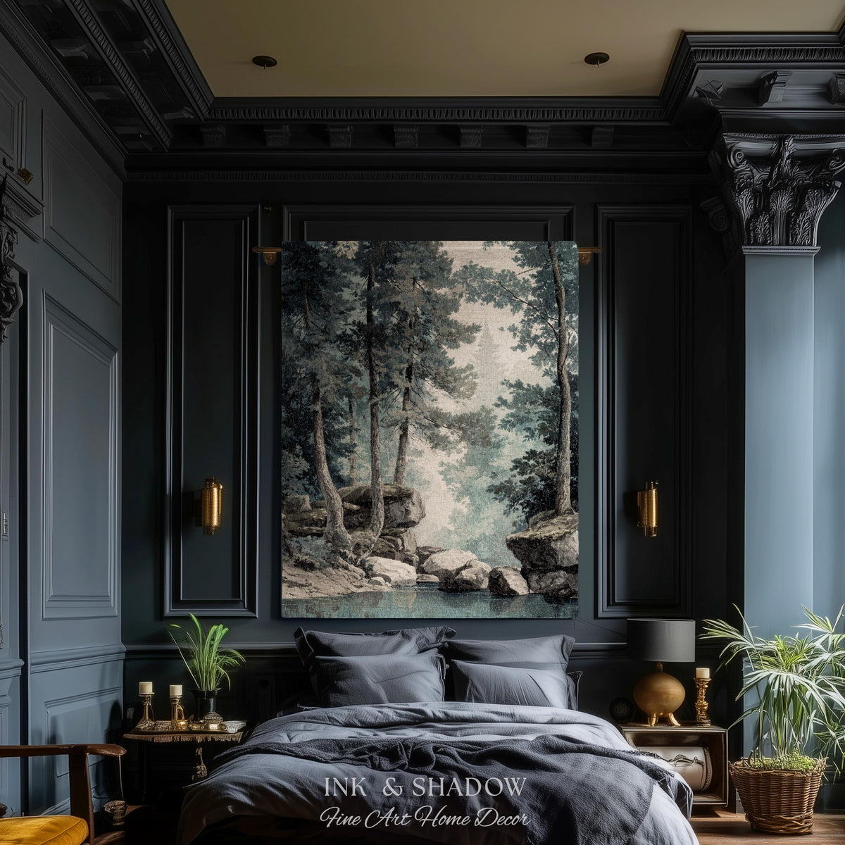 Serene Misty Evergreen Woodland Waterscape Tapestry Wall Hanging | Foggy Forest Pool Rocky River Scene Rustic Elegance Timeless Woven Art