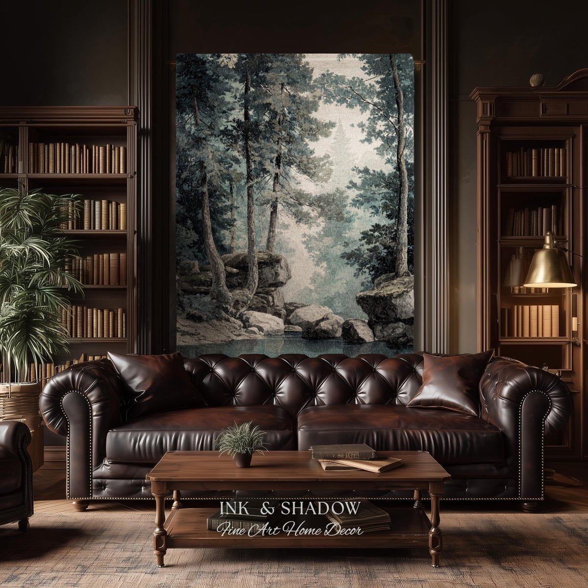 Serene Misty Evergreen Woodland Waterscape Tapestry Wall Hanging | Foggy Forest Pool Rocky River Scene Rustic Elegance Timeless Woven Art