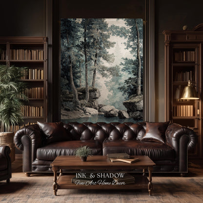 Serene Misty Evergreen Woodland Waterscape Tapestry Wall Hanging | Foggy Forest Pool Rocky River Scene Rustic Elegance Timeless Woven Art