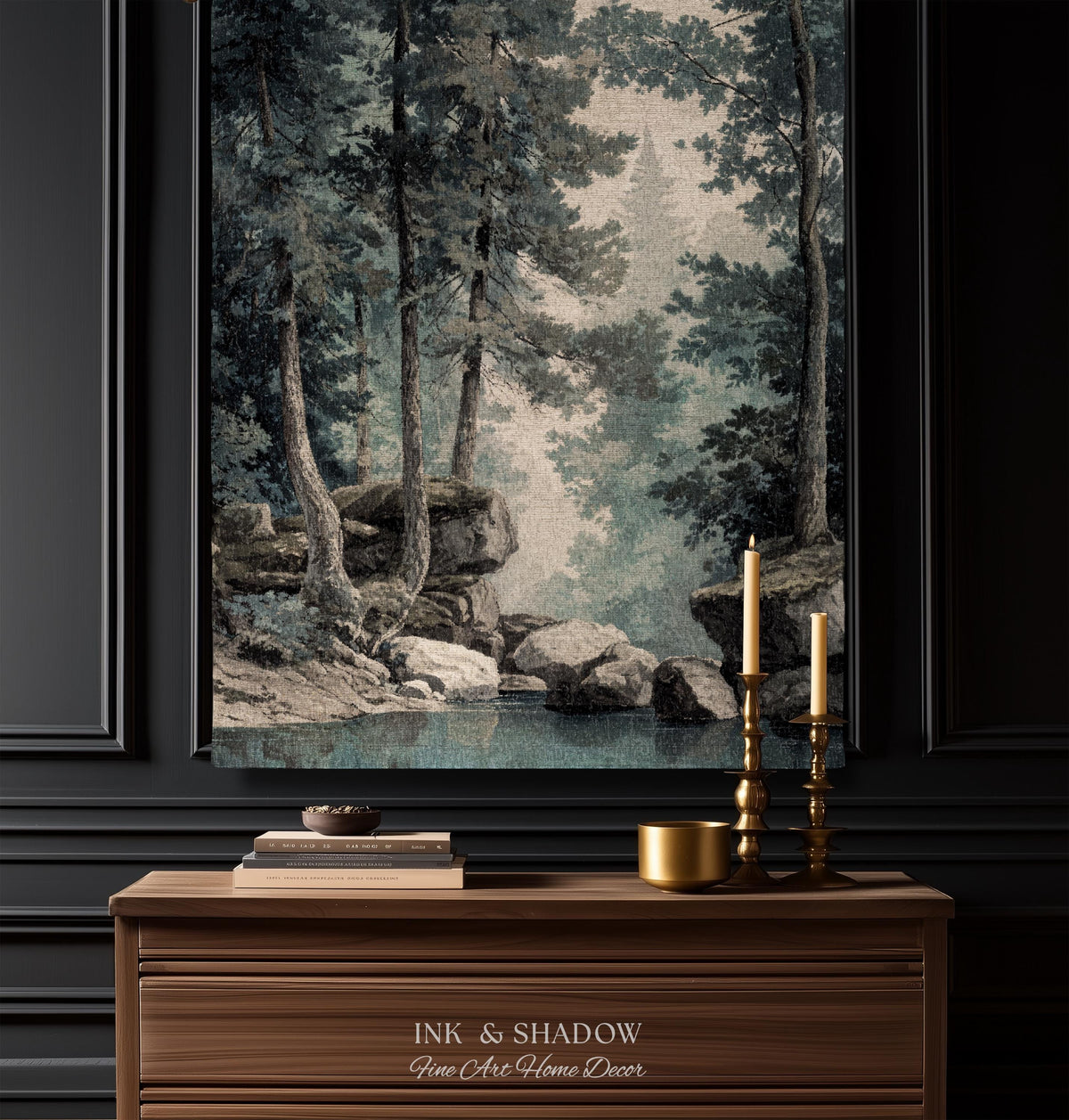 Serene Misty Evergreen Woodland Waterscape Tapestry Wall Hanging | Foggy Forest Pool Rocky River Scene Rustic Elegance Timeless Woven Art