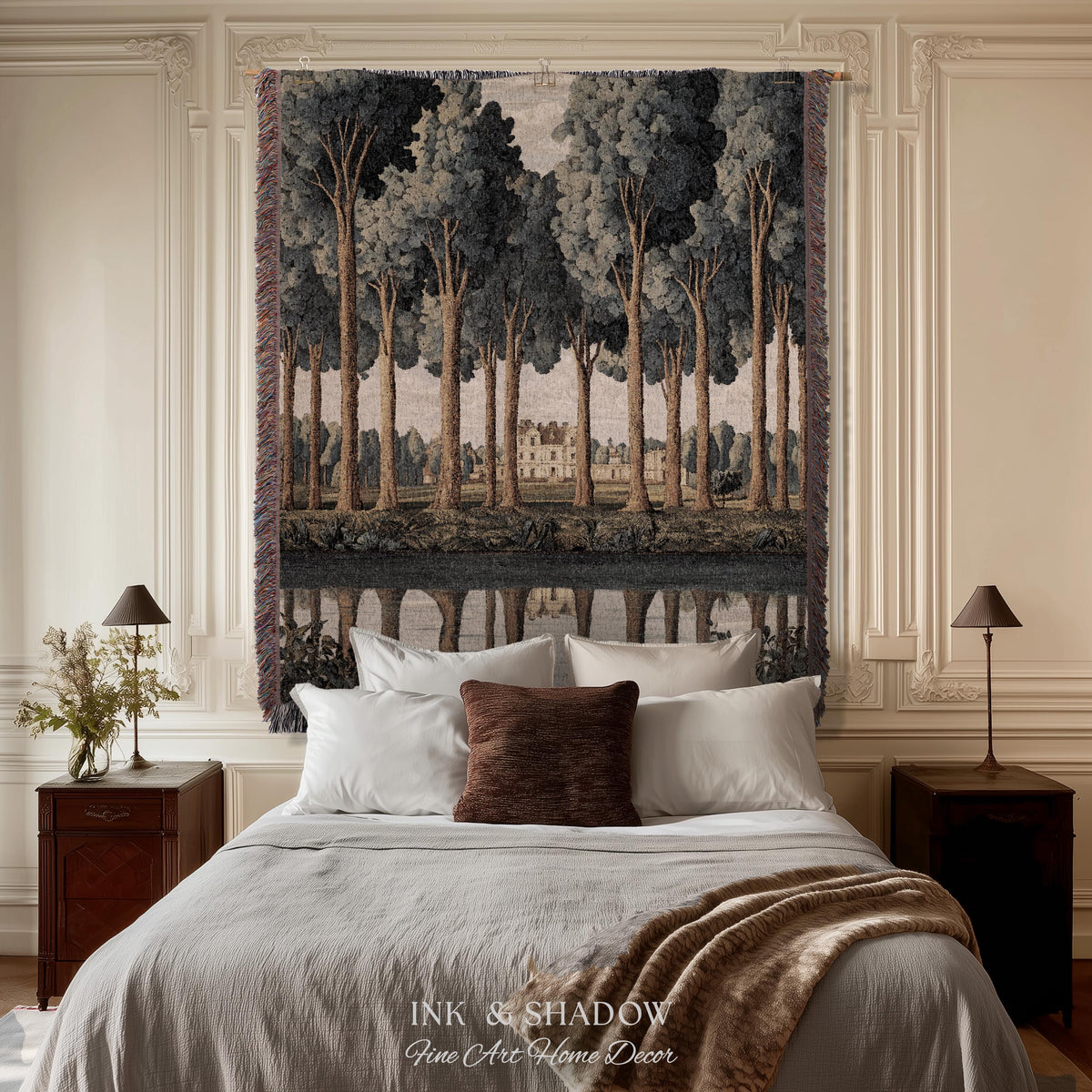 Elegant Estate Landscape Reflection Tall Tree Lined Path Tapestry Art | Classical Country Manor Waterside Grove Textile Woven Wall Hanging