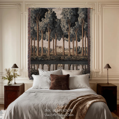 Elegant Estate Landscape Reflection Tall Tree Lined Path Tapestry Art | Classical Country Manor Waterside Grove Textile Woven Wall Hanging