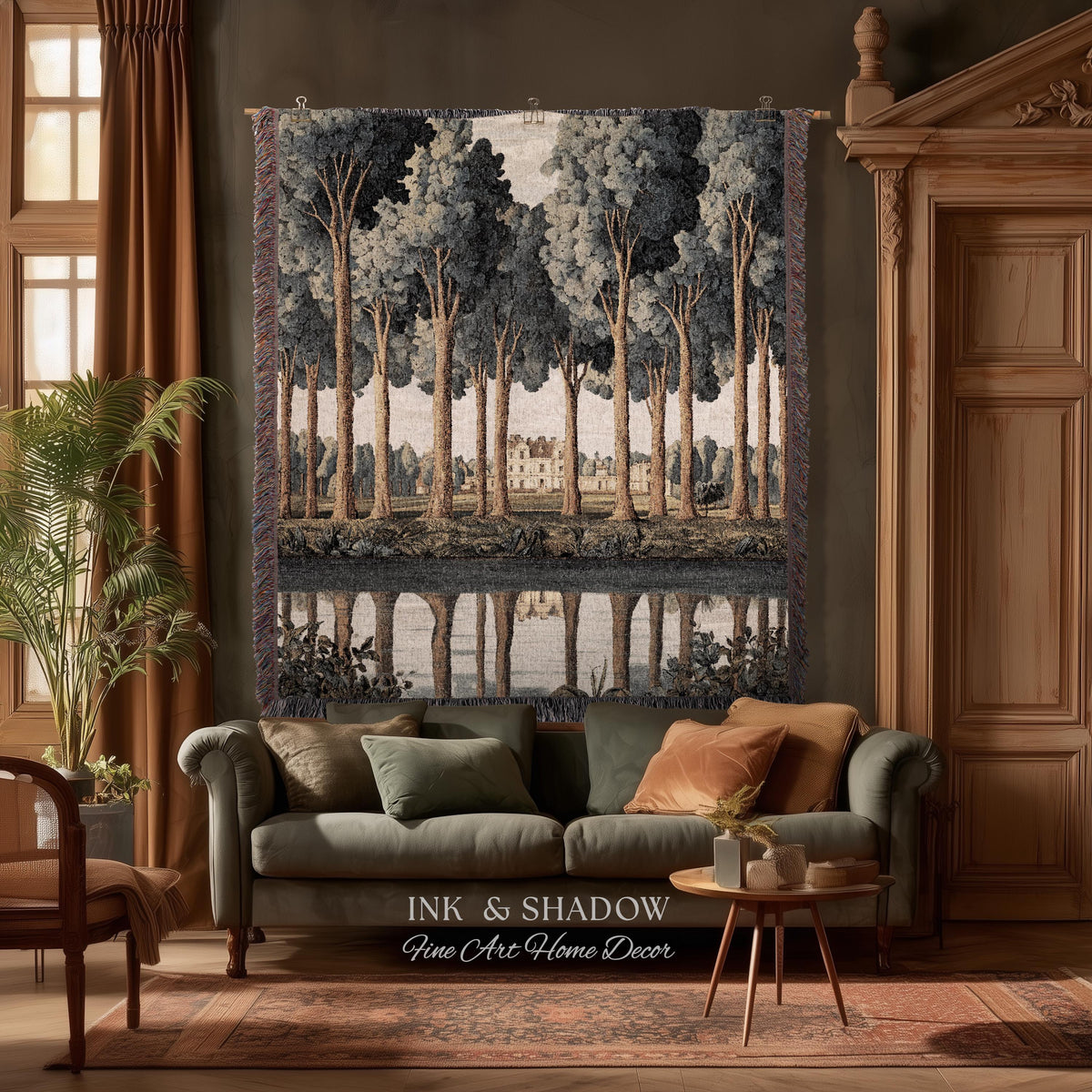 Elegant Estate Landscape Reflection Tall Tree Lined Path Tapestry Art | Classical Country Manor Waterside Grove Textile Woven Wall Hanging