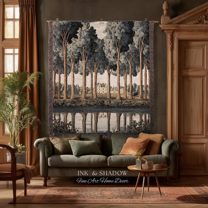 Elegant Estate Landscape Reflection Tall Tree Lined Path Tapestry Art | Classical Country Manor Waterside Grove Textile Woven Wall Hanging
