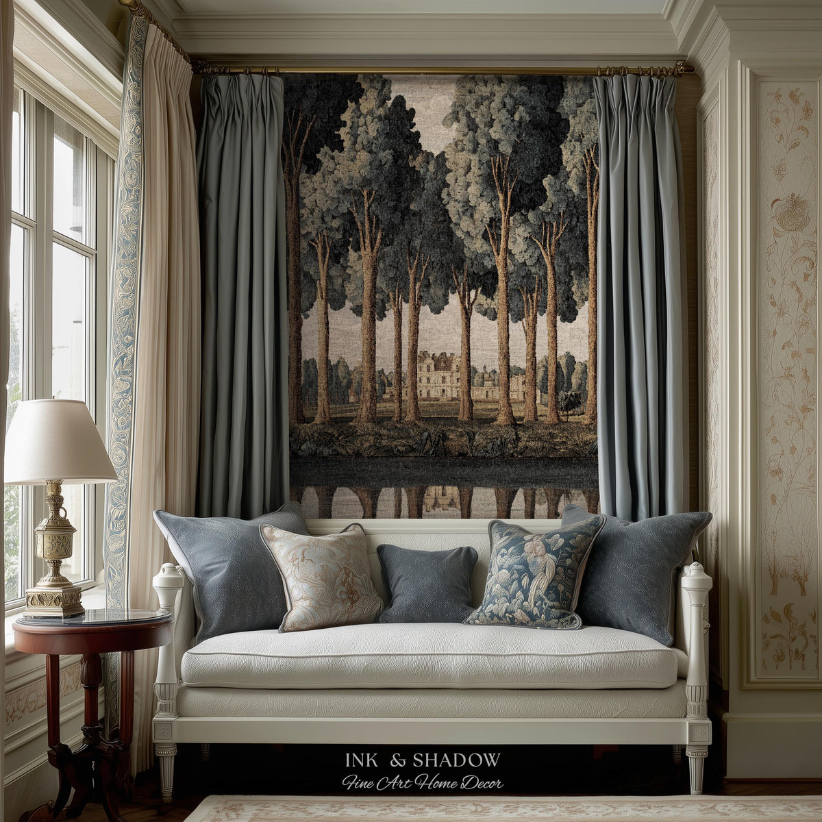 Elegant Estate Landscape Reflection Tall Tree Lined Path Tapestry Art | Classical Country Manor Waterside Grove Textile Woven Wall Hanging