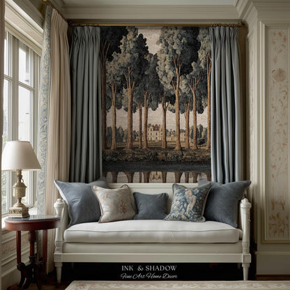 Elegant Estate Landscape Reflection Tall Tree Lined Path Tapestry Art | Classical Country Manor Waterside Grove Textile Woven Wall Hanging