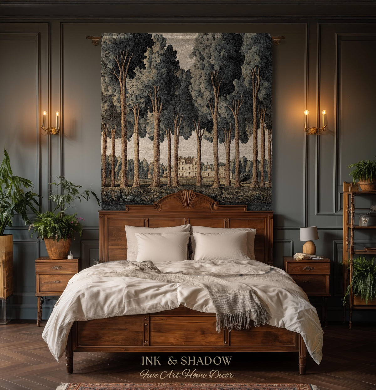 Elegant Estate Landscape Reflection Tall Tree Lined Path Tapestry Art | Classical Country Manor Waterside Grove Textile Woven Wall Hanging