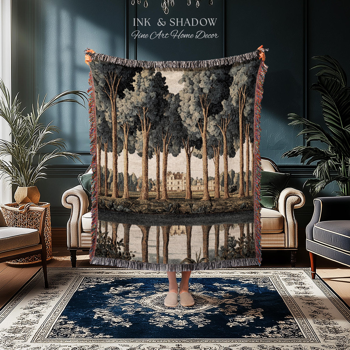 Elegant Estate Landscape Reflection Tall Tree Lined Path Tapestry Art | Classical Country Manor Waterside Grove Textile Woven Wall Hanging