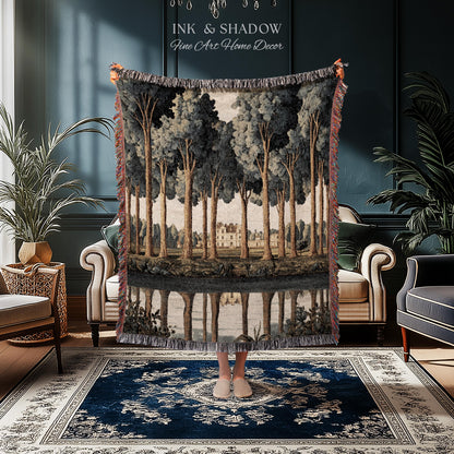 Elegant Estate Landscape Reflection Tall Tree Lined Path Tapestry Art | Classical Country Manor Waterside Grove Textile Woven Wall Hanging