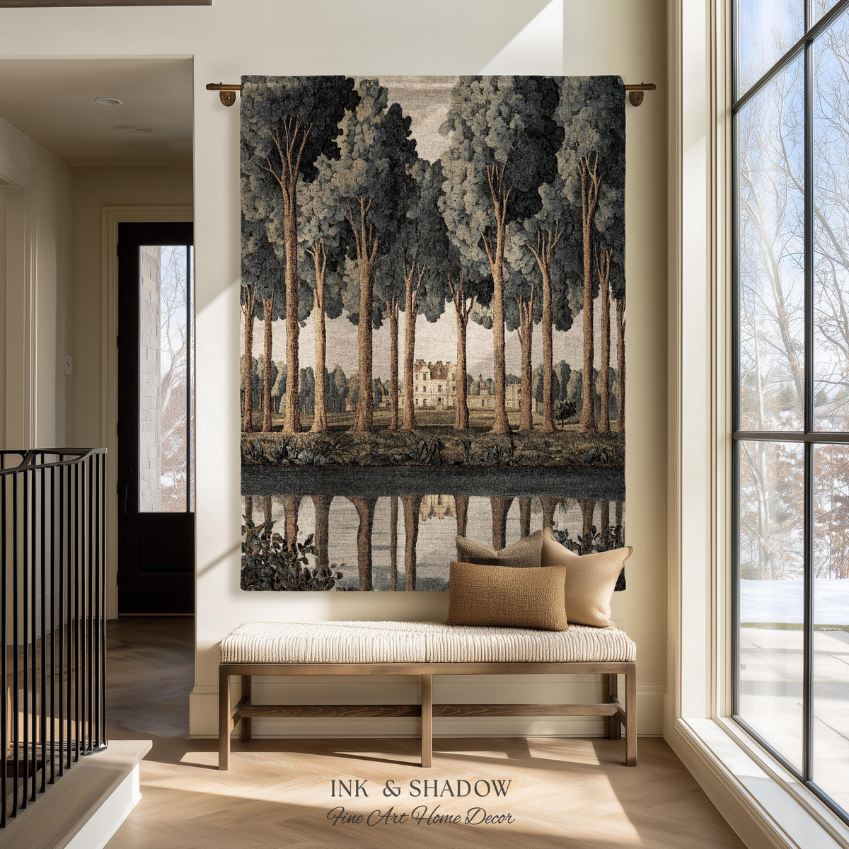 Elegant Estate Landscape Reflection Tall Tree Lined Path Tapestry Art | Classical Country Manor Waterside Grove Textile Woven Wall Hanging