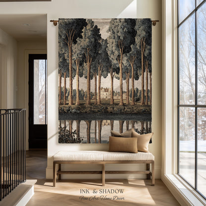 Elegant Estate Landscape Reflection Tall Tree Lined Path Tapestry Art | Classical Country Manor Waterside Grove Textile Woven Wall Hanging