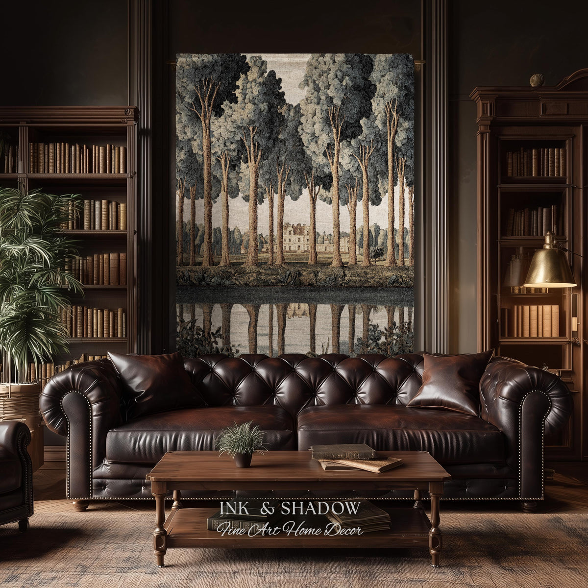 Elegant Estate Landscape Reflection Tall Tree Lined Path Tapestry Art | Classical Country Manor Waterside Grove Textile Woven Wall Hanging