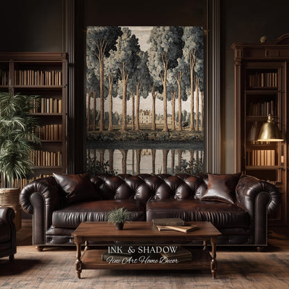Elegant Estate Landscape Reflection Tall Tree Lined Path Tapestry Art | Classical Country Manor Waterside Grove Textile Woven Wall Hanging