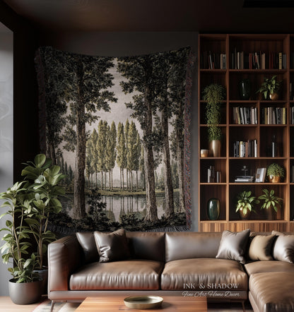 Quiet Luxury Traditional Manor Landscape Reflecting Pond Tapestry | Classic Estate Scenic Colonnade Grove of Trees Woven Textile Wall Art