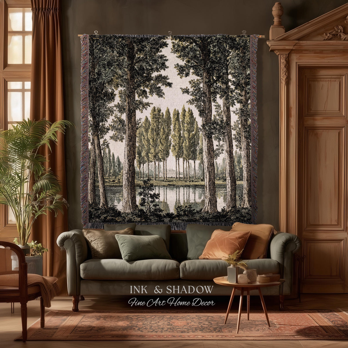 Quiet Luxury Traditional Manor Landscape Reflecting Pond Tapestry | Classic Estate Scenic Colonnade Grove of Trees Woven Textile Wall Art