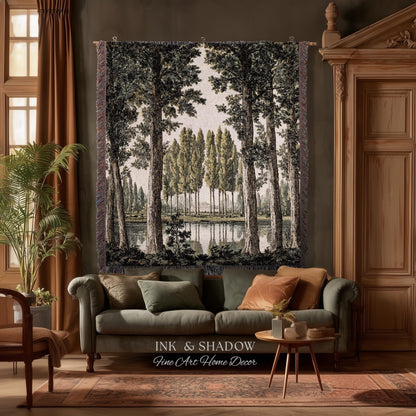 Quiet Luxury Traditional Manor Landscape Reflecting Pond Tapestry | Classic Estate Scenic Colonnade Grove of Trees Woven Textile Wall Art