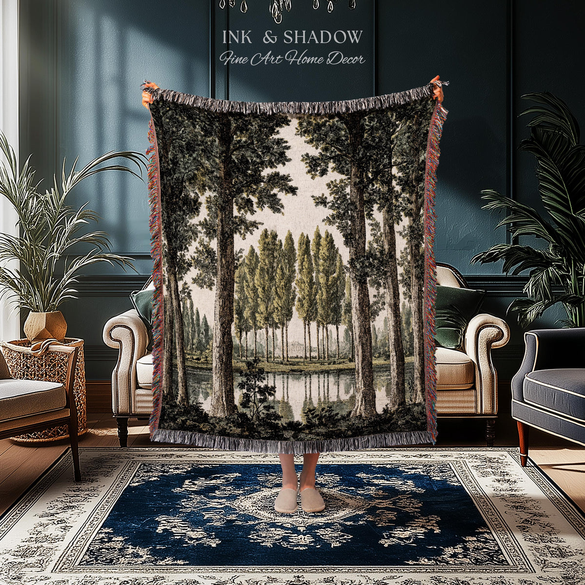 Quiet Luxury Traditional Manor Landscape Reflecting Pond Tapestry | Classic Estate Scenic Colonnade Grove of Trees Woven Textile Wall Art