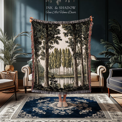 Quiet Luxury Traditional Manor Landscape Reflecting Pond Tapestry | Classic Estate Scenic Colonnade Grove of Trees Woven Textile Wall Art