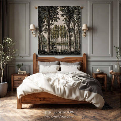 Quiet Luxury Traditional Manor Landscape Reflecting Pond Tapestry | Classic Estate Scenic Colonnade Grove of Trees Woven Textile Wall Art