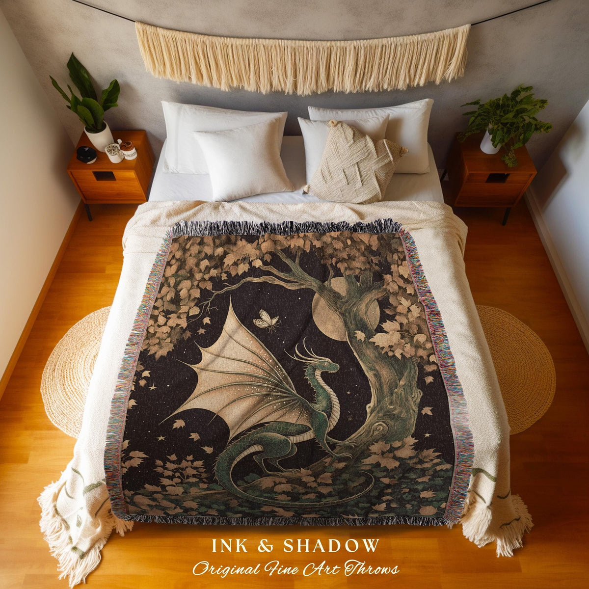 Gilded Hygge Antique Mystical Dragon Blanket Moonlit Forest Fantasy Art Throw | Vintage Celestial Romantic Baroque Woodland Gothic Tapestry