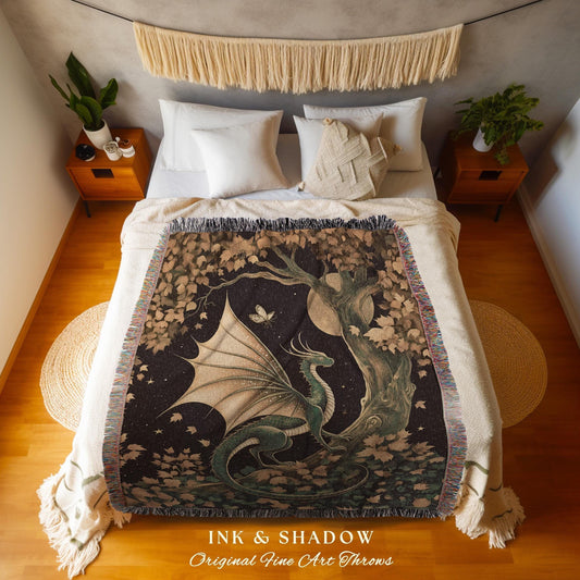 Gilded Hygge Antique Mystical Dragon Blanket Moonlit Forest Fantasy Art Throw | Vintage Celestial Romantic Baroque Woodland Gothic Tapestry